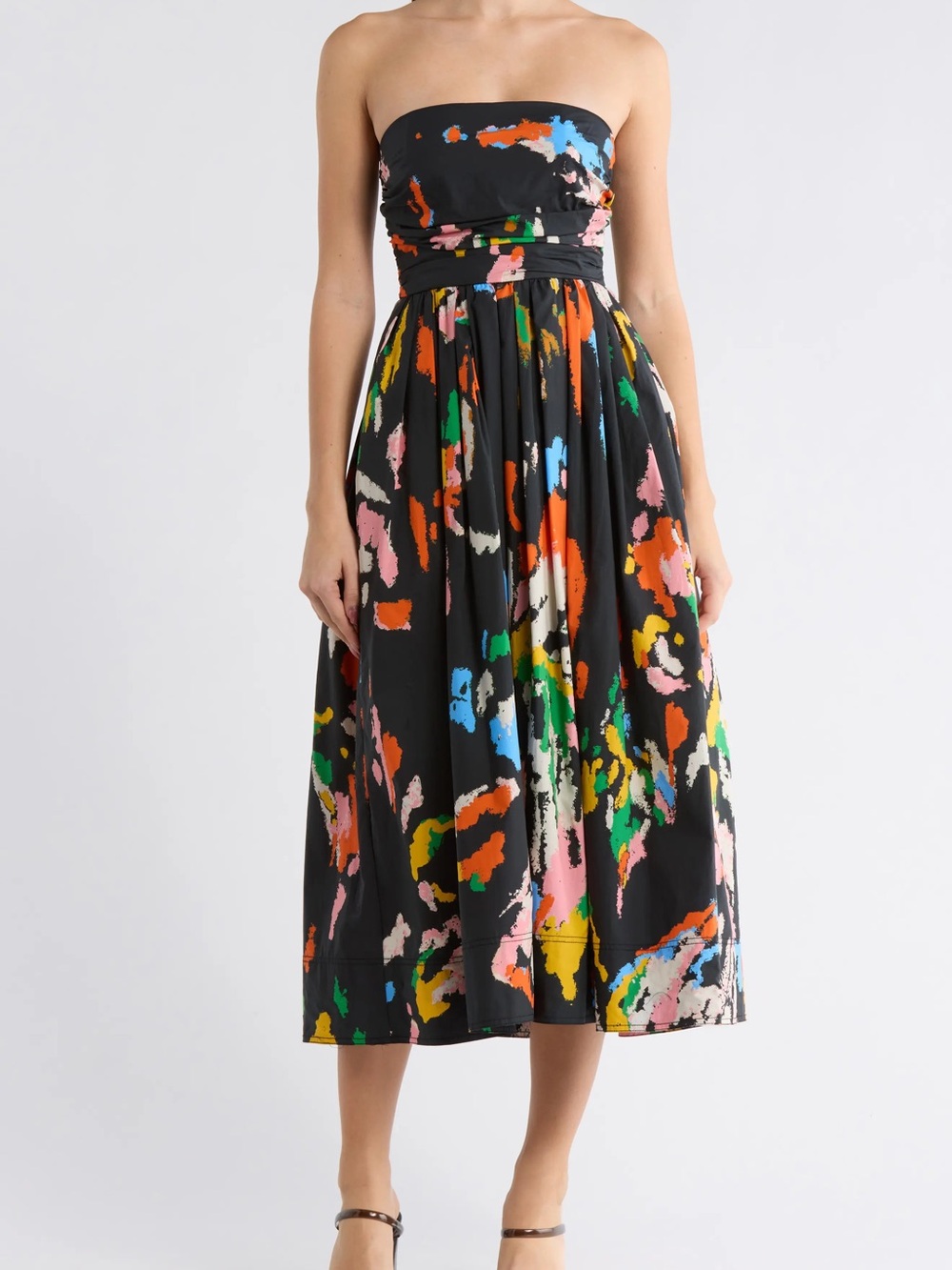 A.L.C Strapless Black Midi Dress with Multicolor Abstract Print